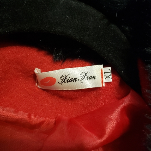 Red Women's Pea Coat With Ruffles - Picture 3 of 3